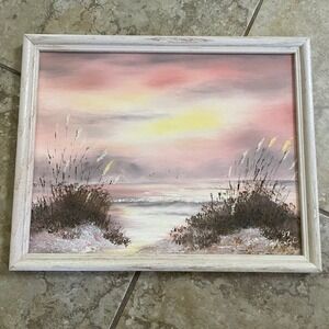 Vintage Marge Parker Signed Oil Painting Beach Sunset Seascape Framed 11x14 1997